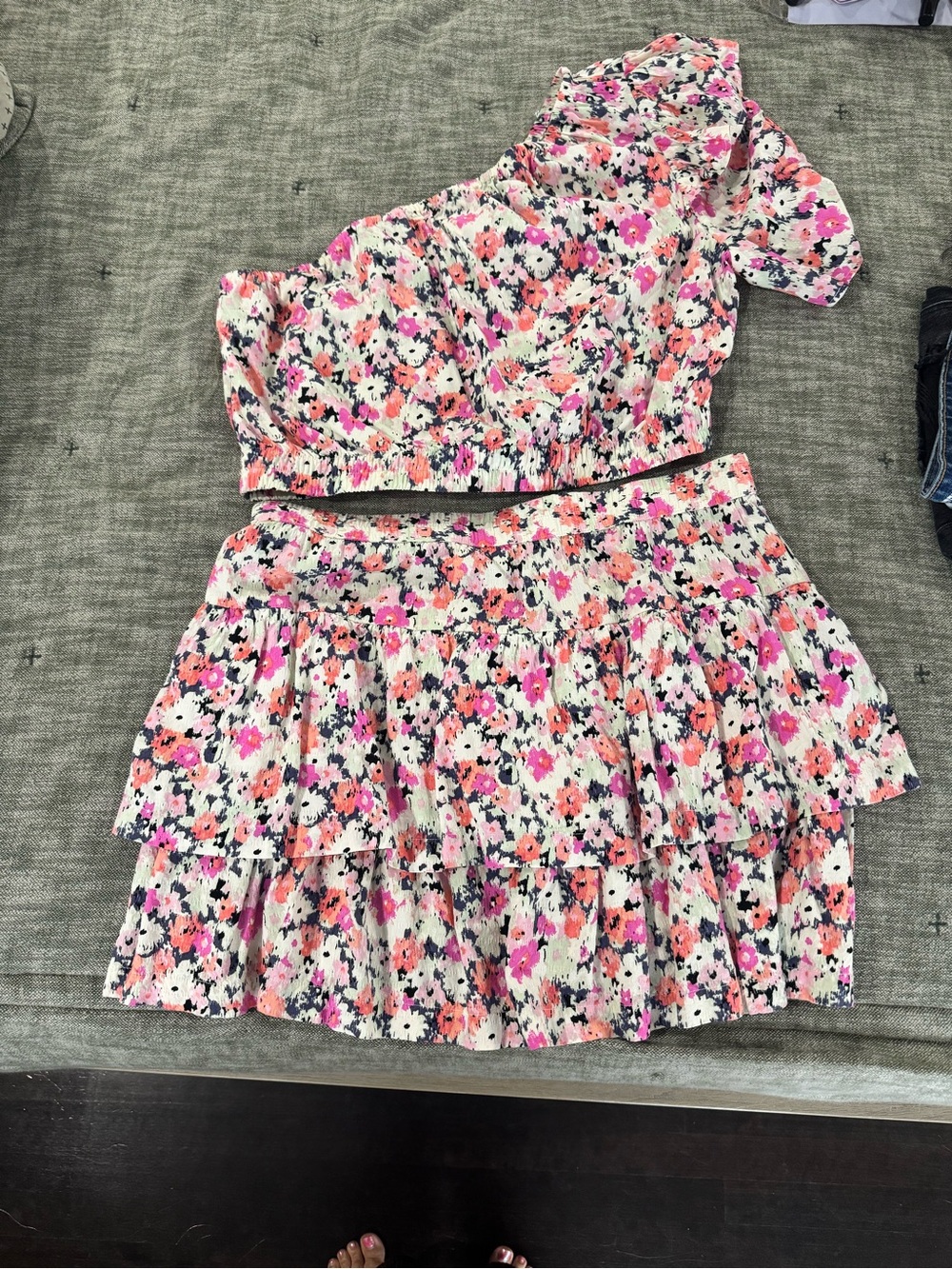 WomenFloral Pink One-Shoulder Top & Skirt Set